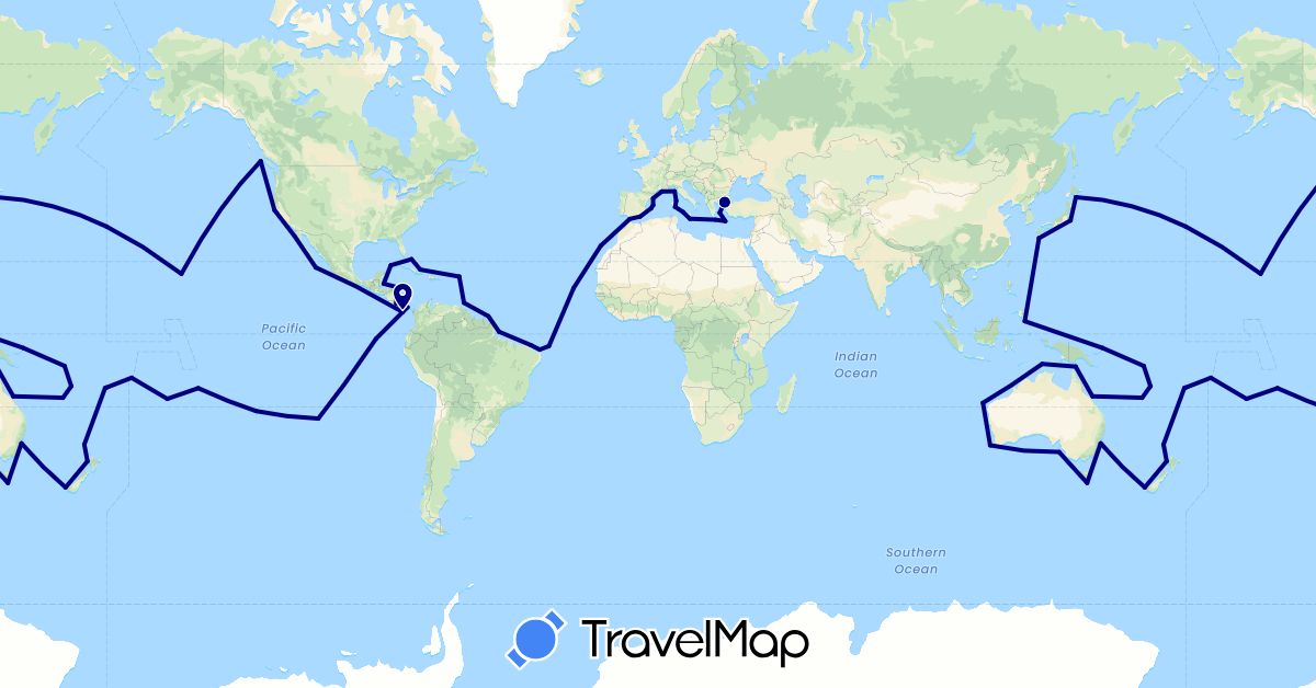 TravelMap itinerary: driving in Australia, Chile, Spain, France, Nicaragua, Panama (Europe, North America, Oceania, South America)